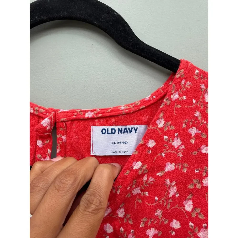Old Navy Girls XL 14-16 Floral Mini Dress Red Puff Sleeve Cottagecore